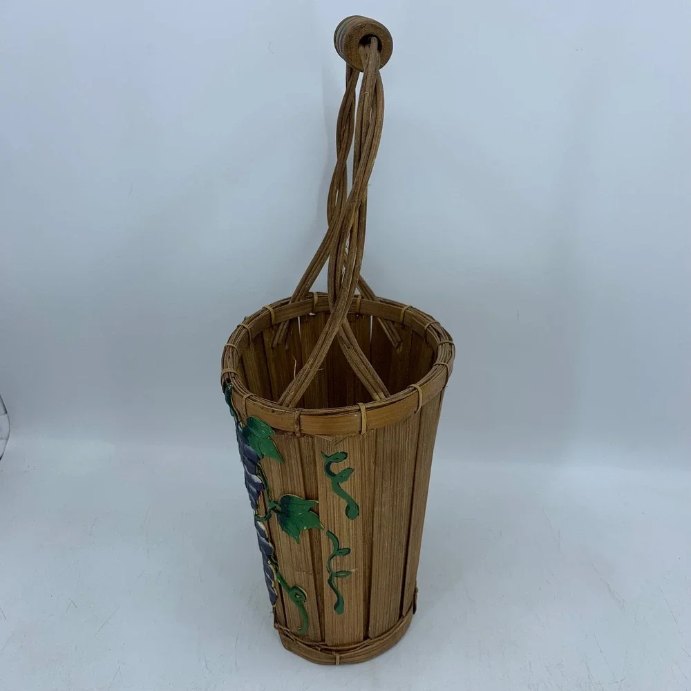 Vtg Woven Bamboo Grape Basket Cottagecore Painted Fruit Decor Rustic Country